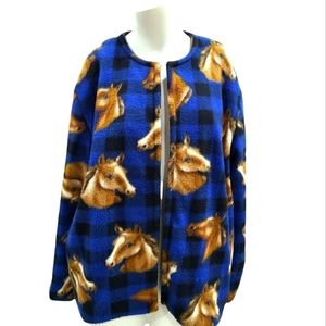 ❄️ Blue Fleece Handmade Plaid and Horse print jacket in size women's medium